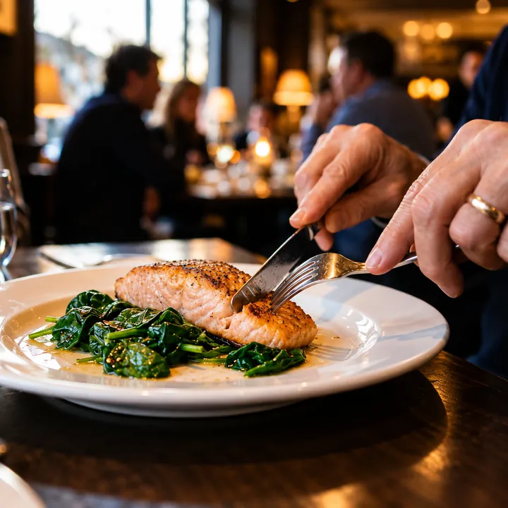 Seared salmon with spinach served in a restaurant